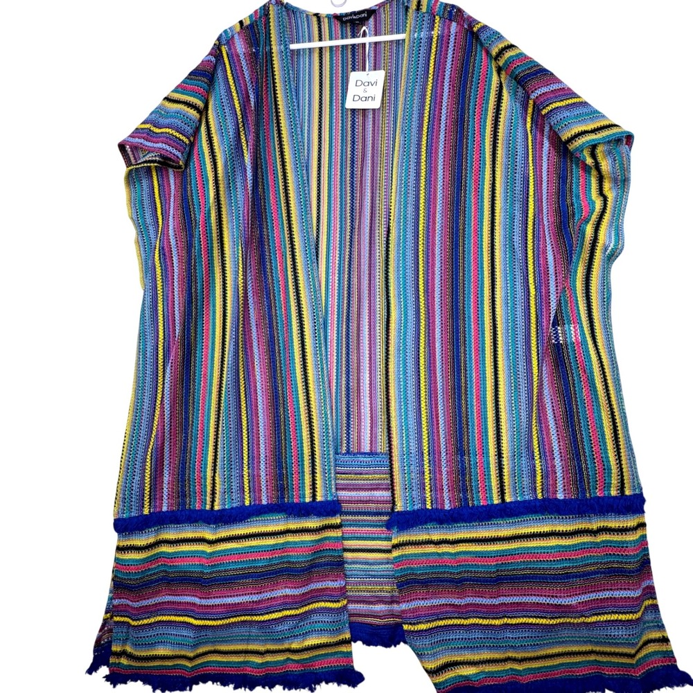 NEW Davi & Dani Kimono Poncho Women 1XL Multi-Color Striped Fringe Boho hippie